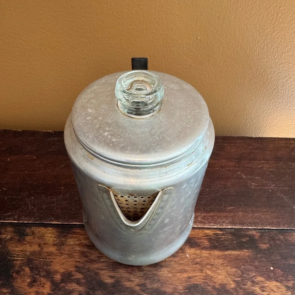 Vintage Aluminum 7 Cup Coffee Percolator Black Handle Glass‎ Top Camping Kitchen
